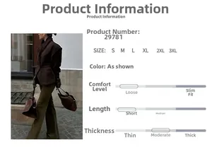 Detailed size chart for loose fit dark brown long blazer with material thickness guide