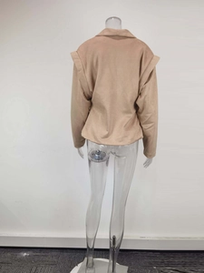 Back view of light brown suede jacket with structured padded shoulders and notched lapel
