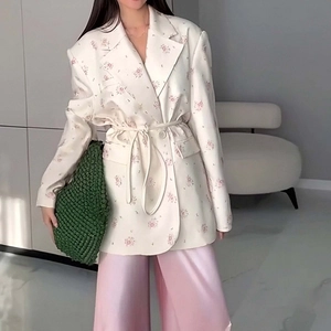 Women Elegant Floral Print Blazer Dress Notch Lapel Long Sleeve Suit Jacket With Waist Tie Office Daily Casual Outerwear