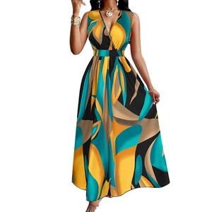 Elegant V-neck sleeveless maxi dress with vibrant marble print and a cinched waist design
