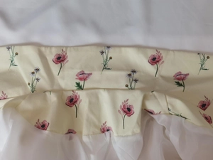 Detail of floral print fabric with white chiffon pleated trim on a stylish blazer