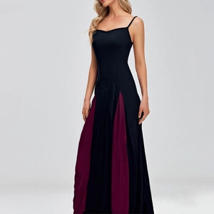Elegant slim-fit maxi dress with spaghetti straps and purple patchwork design