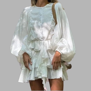 Women Elegant Solid Color Ruffle Hem Mini Dress Lantern Sleeve High Waist Round Neck Slim Office Party Short Dress Polyester