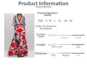 Deep V-neck floral maxi dress detail with red trim and light blue printed woven fabric