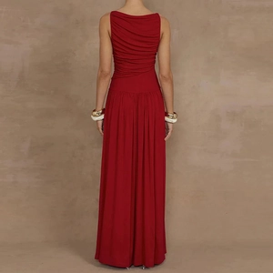 Sexy rotes rückenfreies Maxikleid mit Taillenfalten und ärmelloser, schlanker Silhouette