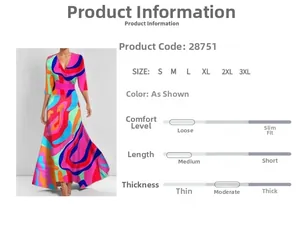 Size chart and details of the V-neck long-sleeve dress with colorful geometric patterns