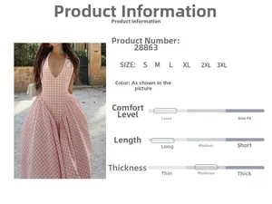 Detail view of pink and white checkered halter dress with slimming fit and maxi length