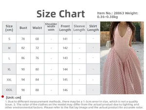 Detailed size chart for halter v-neck backless dress in pink gingham with S-3XL measurements