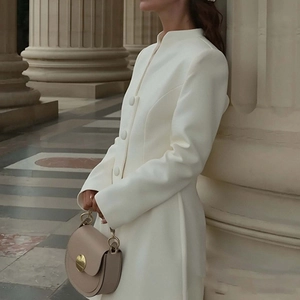 Elegantes weißes, einreihiges Kleid in schmaler Passform mit Stehkragen und Ärmeln