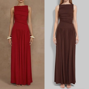 Damen Sexy Minimalistisch Einfarbig Plissiert Taille Schlanke Passform Ärmellos Rundhals Maxikleid Elegant Pendler Mode Bekleidung