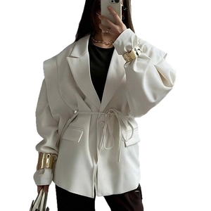 Elegant solid cream tie-waist blazer for women with structured shoulders and lantern sleeves