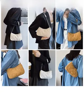 Detail view of quilted shoulder bag with chain strap shown in various styling poses