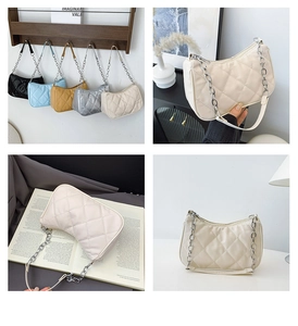 Detailed views of quilted chain bags in ivory, silver, yellow, blue, and black colors