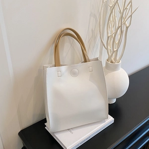 Women's Minimalist PU Leather Square Tote Bag Contrast Handles Small Fashion Shoulder Bag For Daily Commuting Magnetic Buckle Handbag