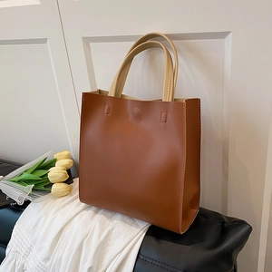 Caramel brown minimalist tote bag with beige handles for women professional commuting