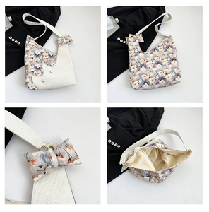 Detailed views of floral patchwork tote bag featuring bow charm and internal structure