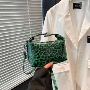 Green leopard print tote bag in glossy faux leather with removable shoulder strap