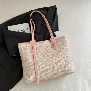 Fashion Women Straw Woven Tote Bag Large Capacity Casual Shoulder Bag With PU Leather Handle Summer Beach Travel Handbag