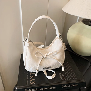 Fashion Bowknot PU Leather Shoulder Bag For Women Small Half Moon Hobo Bag Trendy Marble Texture Crossbody Bag Purse