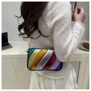Detail of colorful metallic striped crossbody bag with silver bead trim and chain strap