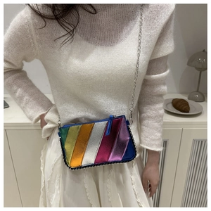 Rainbow striped metallic leather crossbody bag with silver bead trim and chain strap