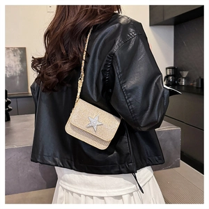 Detail einer beigefarbenen Stepptasche mit funkelndem Sternemblem an einem stilvollen Model