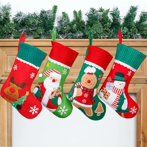 Embroidered Christmas Stocking Flannel Knitted Candy Gift Bag Santa Claus Snowman Gingerbread Man Reindeer Xmas Decoration
