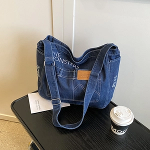 Sac Bandoulière en Denim Vintage pour Femmes Grande Capacité Surpiqûres Contrastées Sac Fourre-Tout Messenger Décontracté Rétro Lavé