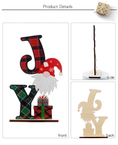 Detailed three-sided view of a wooden JOY Christmas sign with gnome and plaid pattern