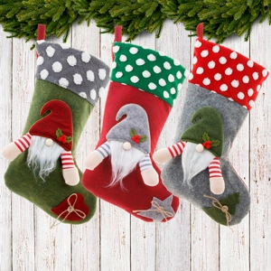 Christmas Stocking With 3D Gnome Polka Dot Cuff Felt Flannel Gift Bag For Fireplace Christmas Tree Holiday Decor Grey Green Red