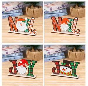 Detailed views of NOEL and JOY Christmas wooden table signs with Santa and Gnome motifs