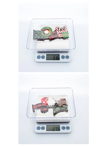 Weight measurement of wooden Christmas JOY sign ornaments in plastic packaging