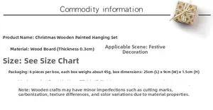 Detail specifications of 6-piece Christmas wooden painted pendant set with size and dimensions