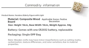 Detailed dimensions of lighted wooden gnome ornament measuring 18x10cm with battery info