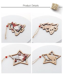 Macro detail of wooden gnome ornaments showing painted tree and star shapes