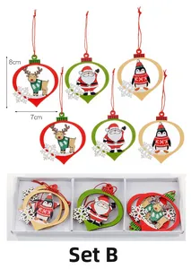 Detail view of 6-piece wooden Christmas ornaments set including reindeer and Santa figures