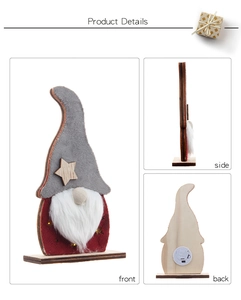Three-view layout of lighted wooden Christmas gnome showing front, side and back details
