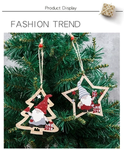 Close-up of hollow painted wooden Christmas gnome pendants on a decorative pine tree