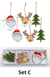 Set C detailed view of wooden Christmas ornaments with Santa and reindeer dimensions