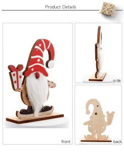 Three-view detail of a wooden Christmas gnome ornament with red stripes and white beard