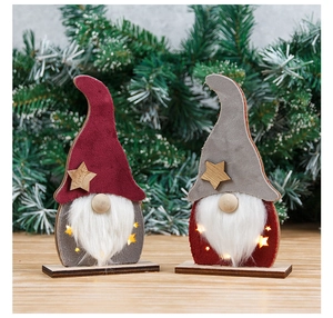 Detail of wooden Christmas gnomes with LED lights, felt hats and white faux fur beards