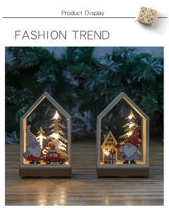 Detailed macro view of glowing LED wooden Christmas house ornaments with warm yellow lights