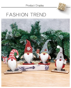 Detailed view of four wooden Christmas gnomes with faux fur beards and festive ornaments