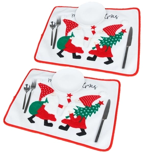 White Christmas gnome placemats with red borders and festive embroidery set of two
