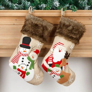 Large Burlap Christmas Stocking Faux Fur Cuff Embroidered Santa Snowman Pattern Festive Candy Gift Bag Hanging Decor