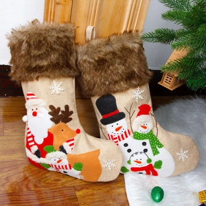 Embroidered burlap Christmas stockings set with Santa and Reindeer for home decor