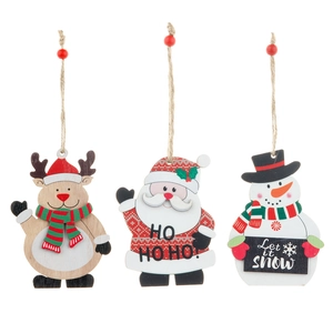 Drei bemalte Weihnachtshänger aus Holz mit Weihnachtsmann, Rentier und Schneemann Motiven