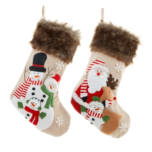 Linen Christmas stockings set with faux fur trim, snowman and Santa Claus embroidery