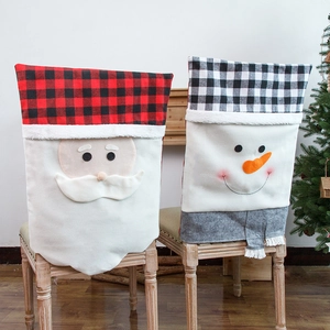 Housses De Chaise De Noël À Carreaux Buffalo Père Noël Bonhomme De Neige Appliqué 3D Housses De Dossier De Chaise Décoration Maison