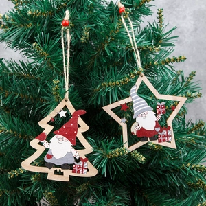 Christmas Wooden Ornaments Hollow Star Tree Hanging Pendant Gnome Pattern Red Bead Hemp Rope Xmas Party Home Decor Rustic Style